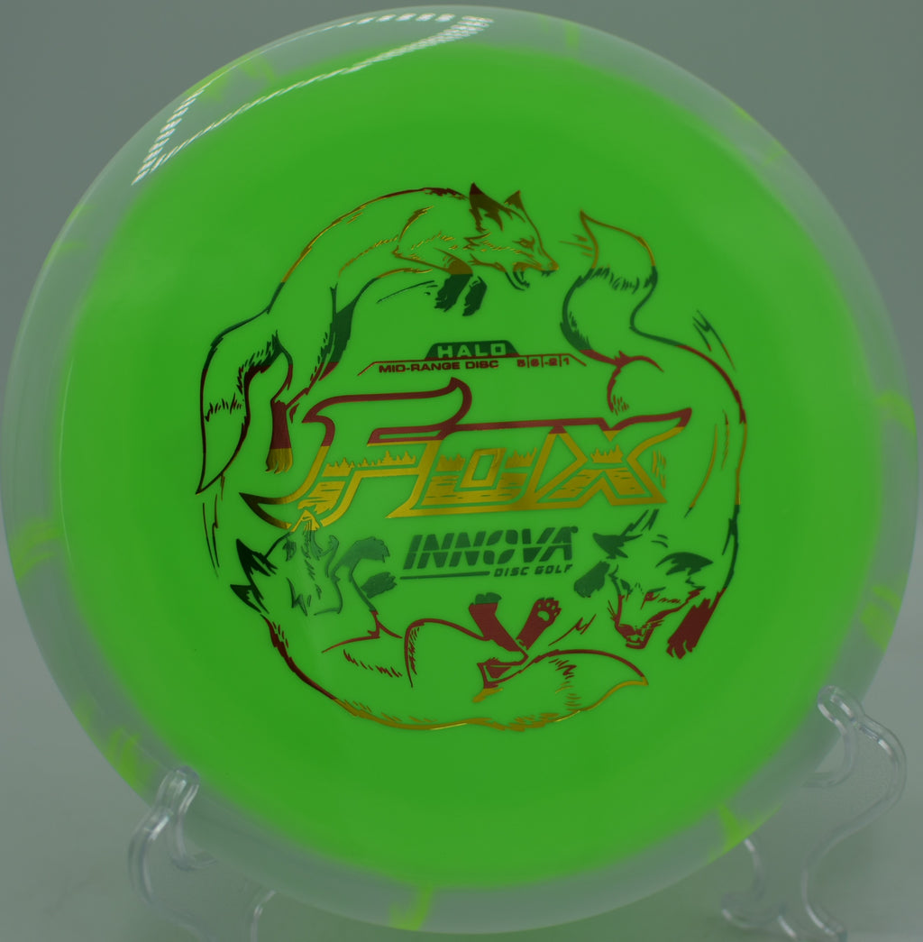 Close-up of Innova Halo Star Fox rim grip before a fairway shot at Stafford Lake Disc Golf Course in Novato, California.