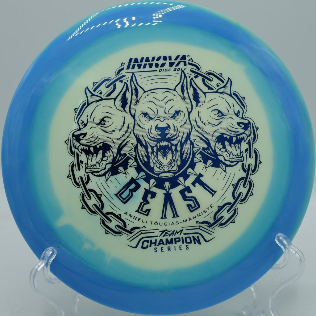 Innova ProtoGlow Halo Star Beast distance driver gliding long at Farragut Disc Golf Course in Knoxville Tennessee