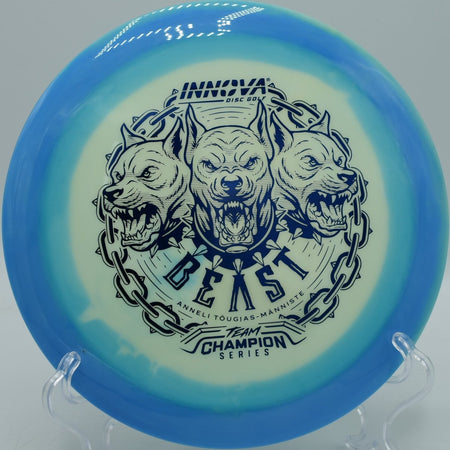 Innova ProtoGlow Halo Star Beast distance driver gliding long at Farragut Disc Golf Course in Knoxville Tennessee