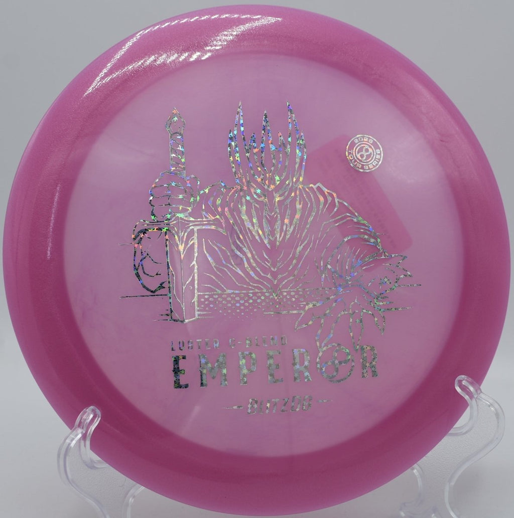 Luster C-Blend Emperor driver lying in fairway after a powerful backhand drive at Idlewild Disc Golf Course in Burlington, Kentucky