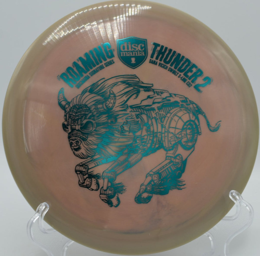 Roaming Thunder 2 Swirly S-Line CD2 distance driver launched on a smooth hyzer-flip at BRP Disc Golf Course in Redlands, California, showcasing glide-forward carry, controlled stability, and versatile shot-shaping performance for advanced disc golf players