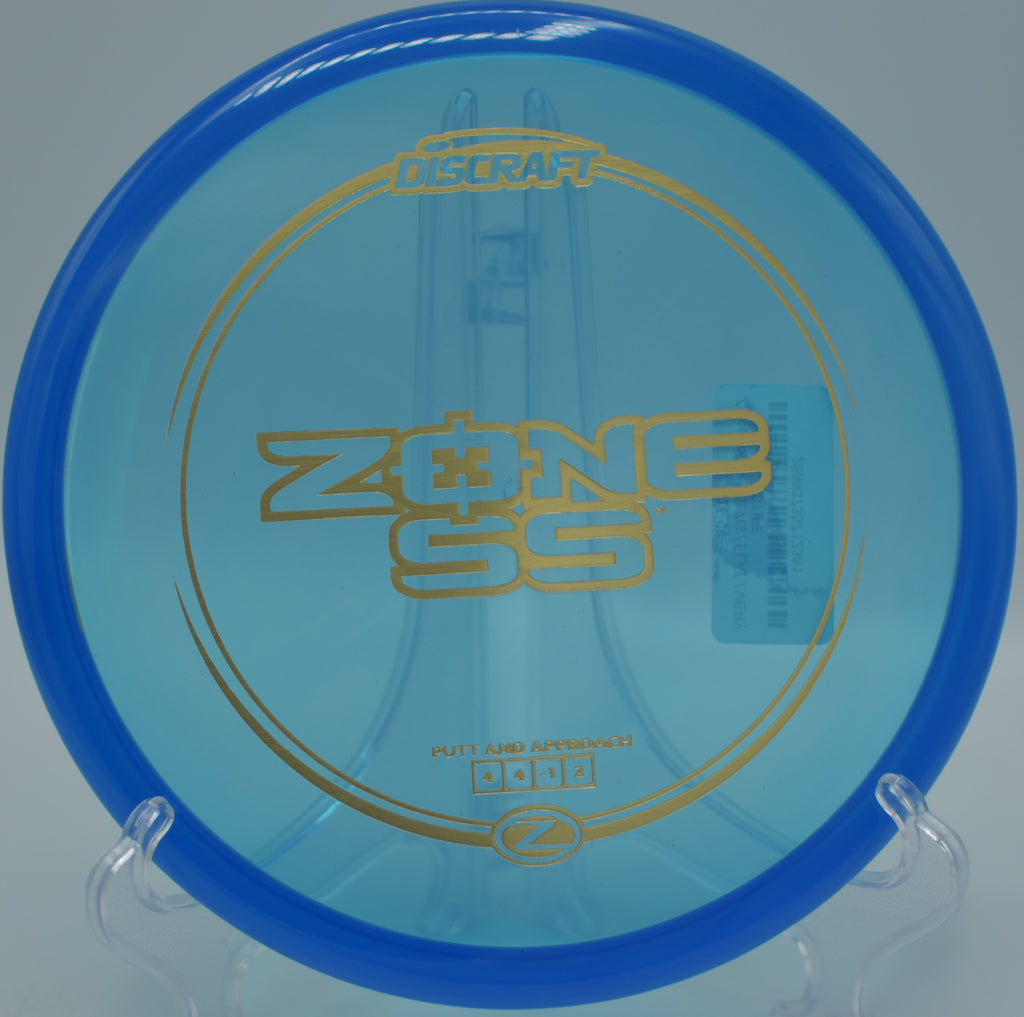 Controlled Z Zone SS flex shot finishing beside the chains at Kit Carson Park Disc Golf Course in Escondido, California.