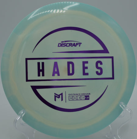 ESP Hades carving a long S-curve over rocky terrain at Carson Ridge Disc Golf Course in Carson City, Nevada.