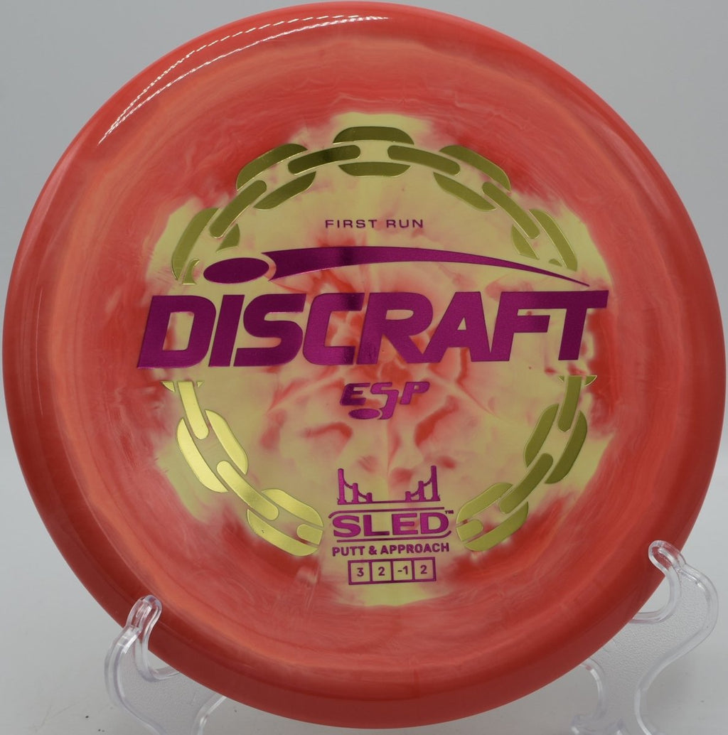 Discraft First Run ESP Sled controlled approach through narrow gap at Kensington Metropark Disc Golf Course in Milford, Michigan