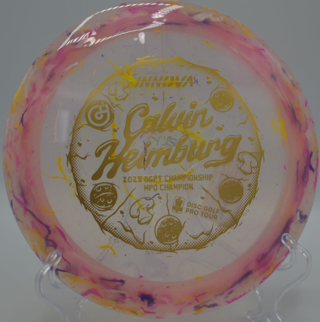 Calvin Heimburg Signature Party Time Destroyer spinning high above the fairway at Gordon Barnett Park Disc Golf Course in Orlando, Florida.