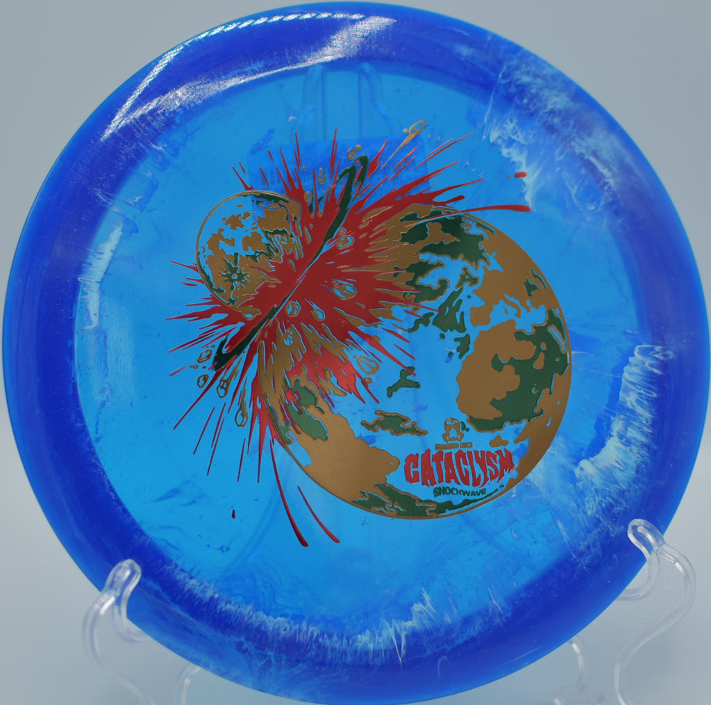 Shockwave Cataclysm blasting a high-speed backhand at Rolling Knolls DGC in Elgin, IL, pushing long before crashing into a powerful late fade.