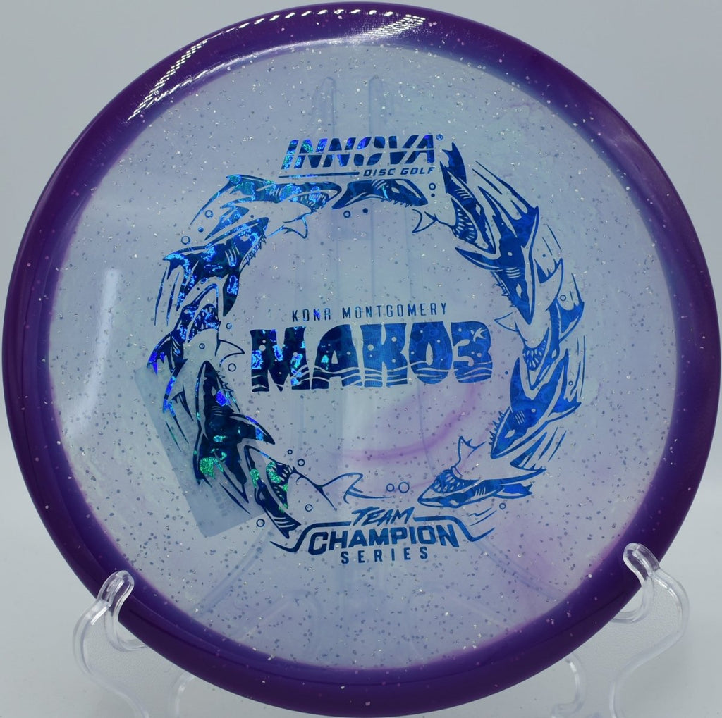Innova Halo Champion Metal Flake Mako3 midrange flying dead straight at Maple Hill Disc Golf Course in Leicester Massachusetts