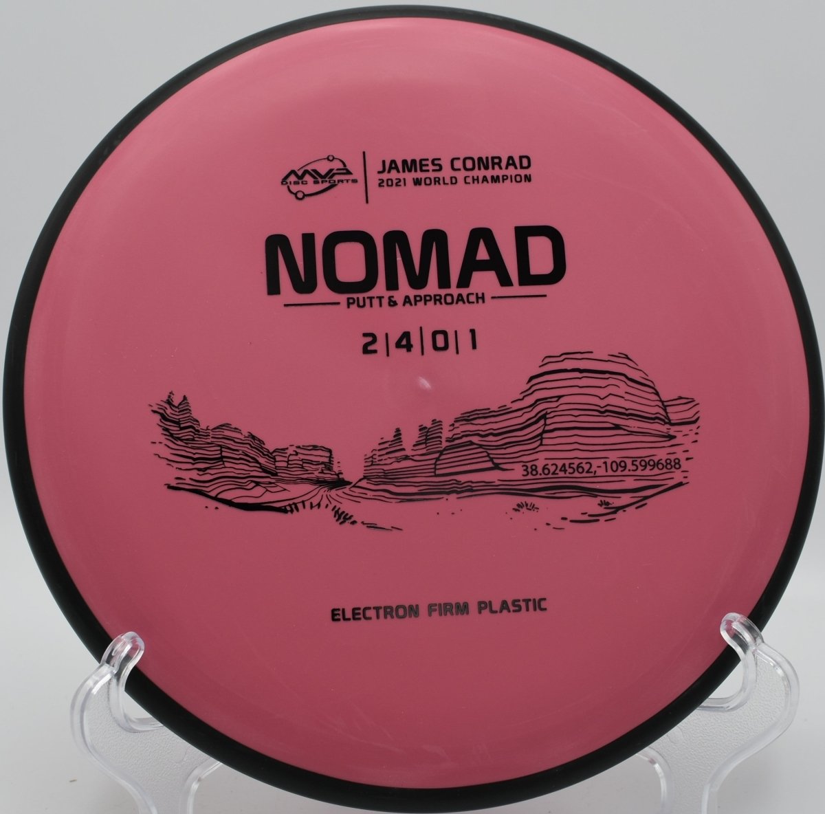 MVP Electron Firm Nomad putter sitting on the putting green ready for a tap-in putt at Noble Park Disc Golf Course in Paducah, Kentucky
