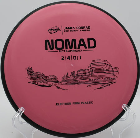 MVP Electron Firm Nomad putter sitting on the putting green ready for a tap-in putt at Noble Park Disc Golf Course in Paducah, Kentucky