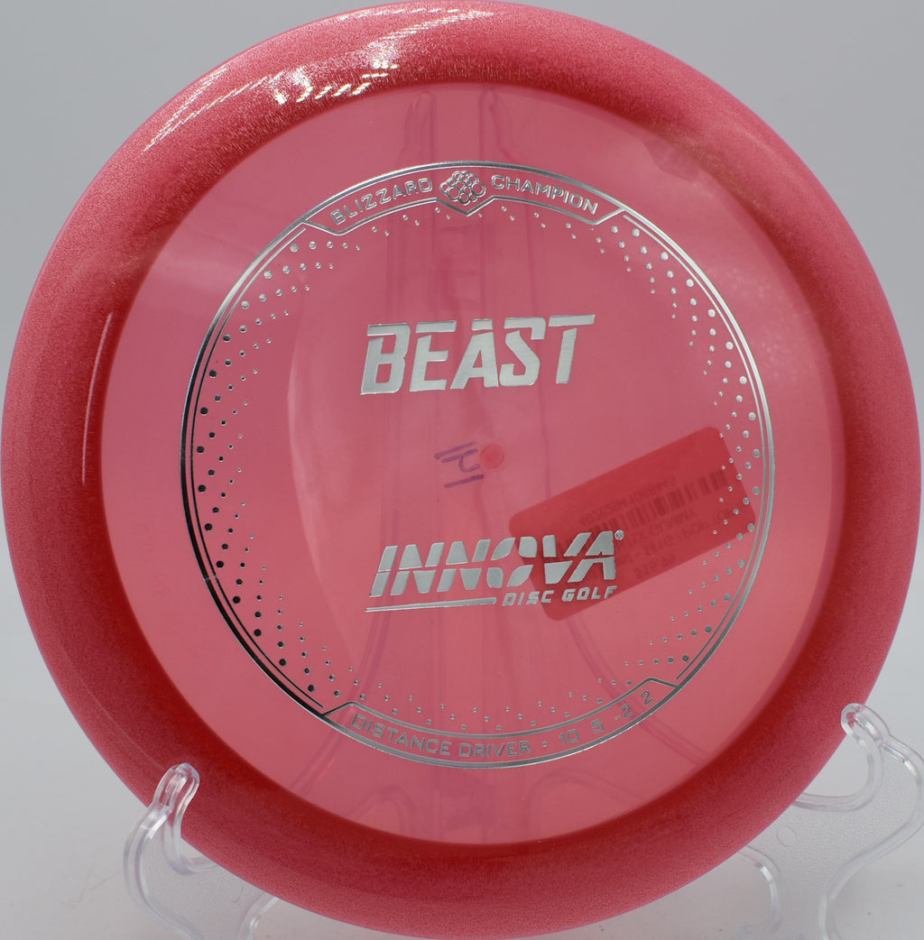 Innova Blizzard Champion Beast lightweight distance driver launched on a hyzer-flip at Maple Hill Disc Golf Course in Leicester, Massachusetts