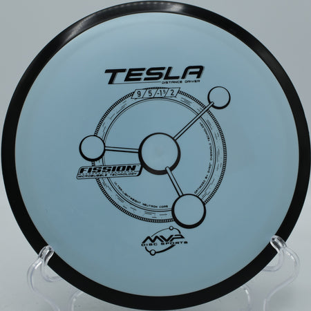 MVP Fission Tesla launched on a controlled hyzer line at North Cove Disc Golf Course in Marion, North Carolina.
