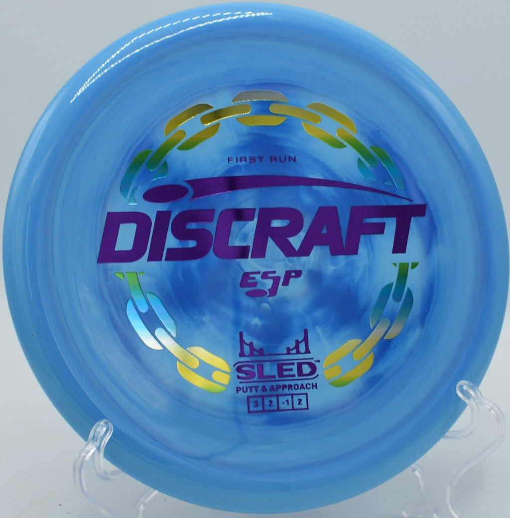 First Run ESP Sled finesse approach disc landing inside circle one at Lake Eureka Disc Golf Course in Eureka, Illinois