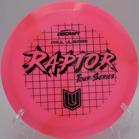 2022 ESP Swirl Raptor (Paul Ulibarri) carving a controlled hyzer line at Blue Ribbon Pines Disc Golf Course in East Bethel, Minnesota, highlighting its premium grip and dependable overstability.