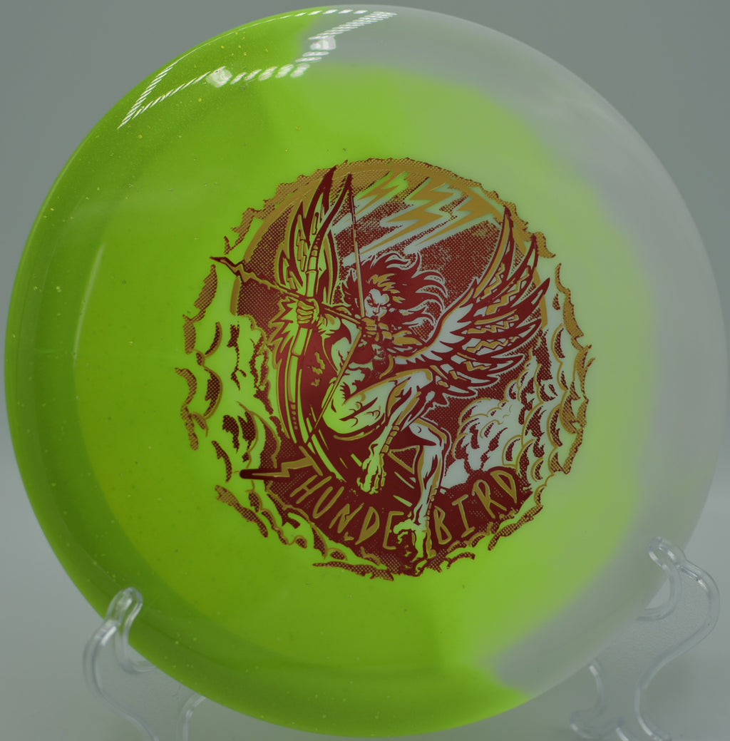 Duo Thunderbird carving a straight bullet at Shale Creek DGC in Medina, OH, holding angle before finishing with signature Thunderbird bite.