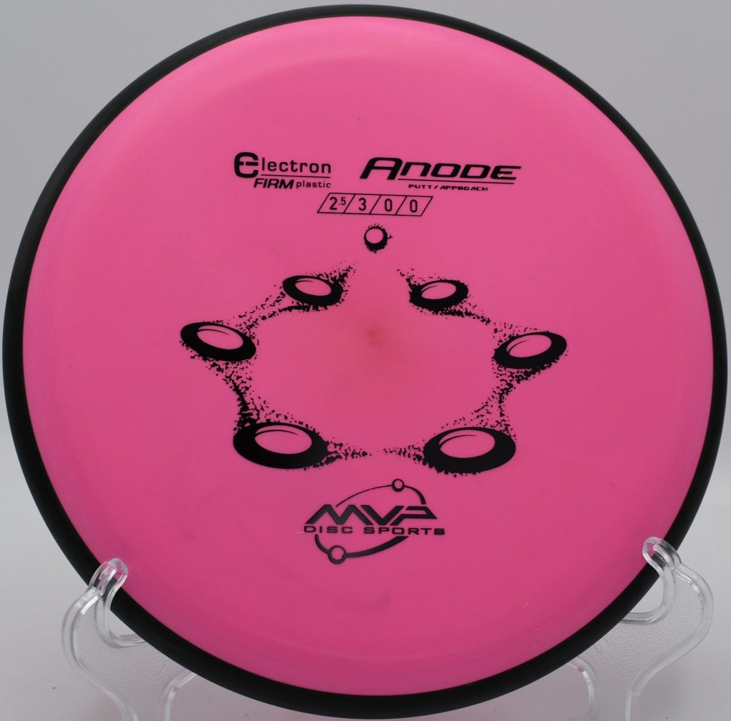 Electron Firm Anode putter lying beside the basket pole after a straight approach shot at Westside Park Disc Golf Course in Rocky Face, Georgia