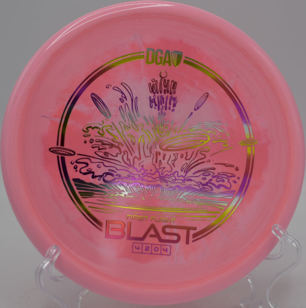 DGA First Flight ProLine Swirl Blast launched forehand at The Toboggan Disc Golf Course in Milford, Michigan.