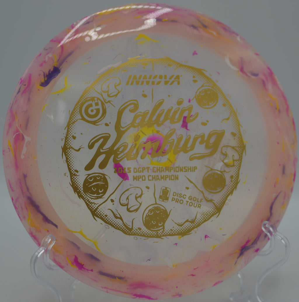 Innova Party Time Destroyer gliding with power and control at Tallahassee Disc Golf Course in Tallahassee, Florida.