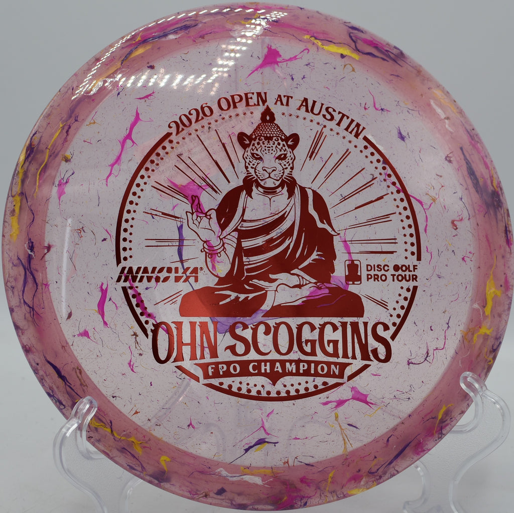 Party Time Leopard3 Ohn Scoggins Commemorative fairway driver displayed at DeLaveaga Disc Golf Course in Santa Cruz, California, built for effortless hyzer flips and accurate fairway placement