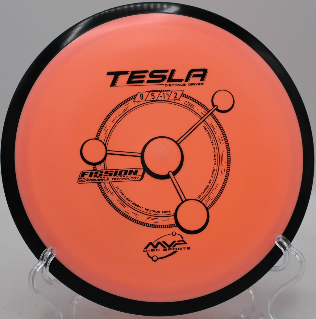 Fission Tesla distance driver carving a turnover shot at Lakewood Disc Golf Course in Seattle, Washington.