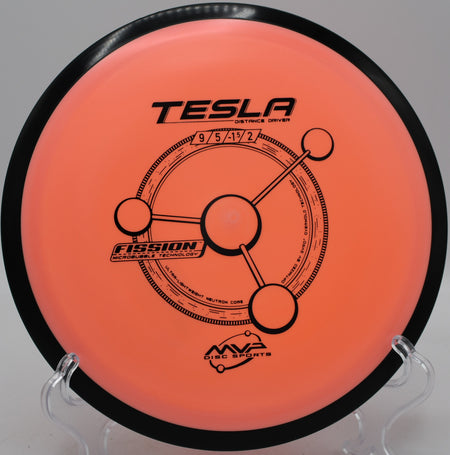 Fission Tesla distance driver carving a turnover shot at Lakewood Disc Golf Course in Seattle, Washington.