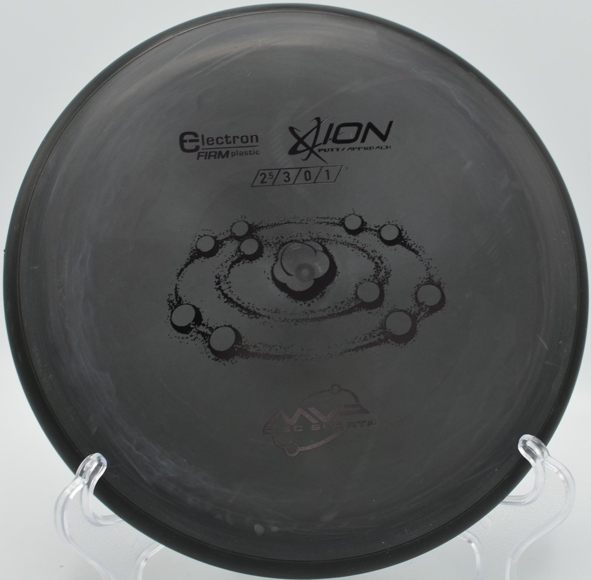 MVP Electron Firm Ion putter parked under basket chains after a clean circle-1 putt at Riverside Park Disc Golf Course in Roswell, New Mexico