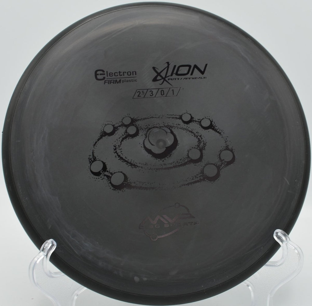 MVP Electron Firm Ion putter parked under basket chains after a clean circle-1 putt at Riverside Park Disc Golf Course in Roswell, New Mexico