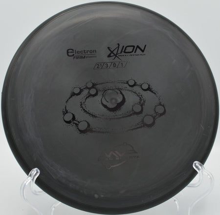 MVP Electron Firm Ion putter parked under basket chains after a clean circle-1 putt at Riverside Park Disc Golf Course in Roswell, New Mexico