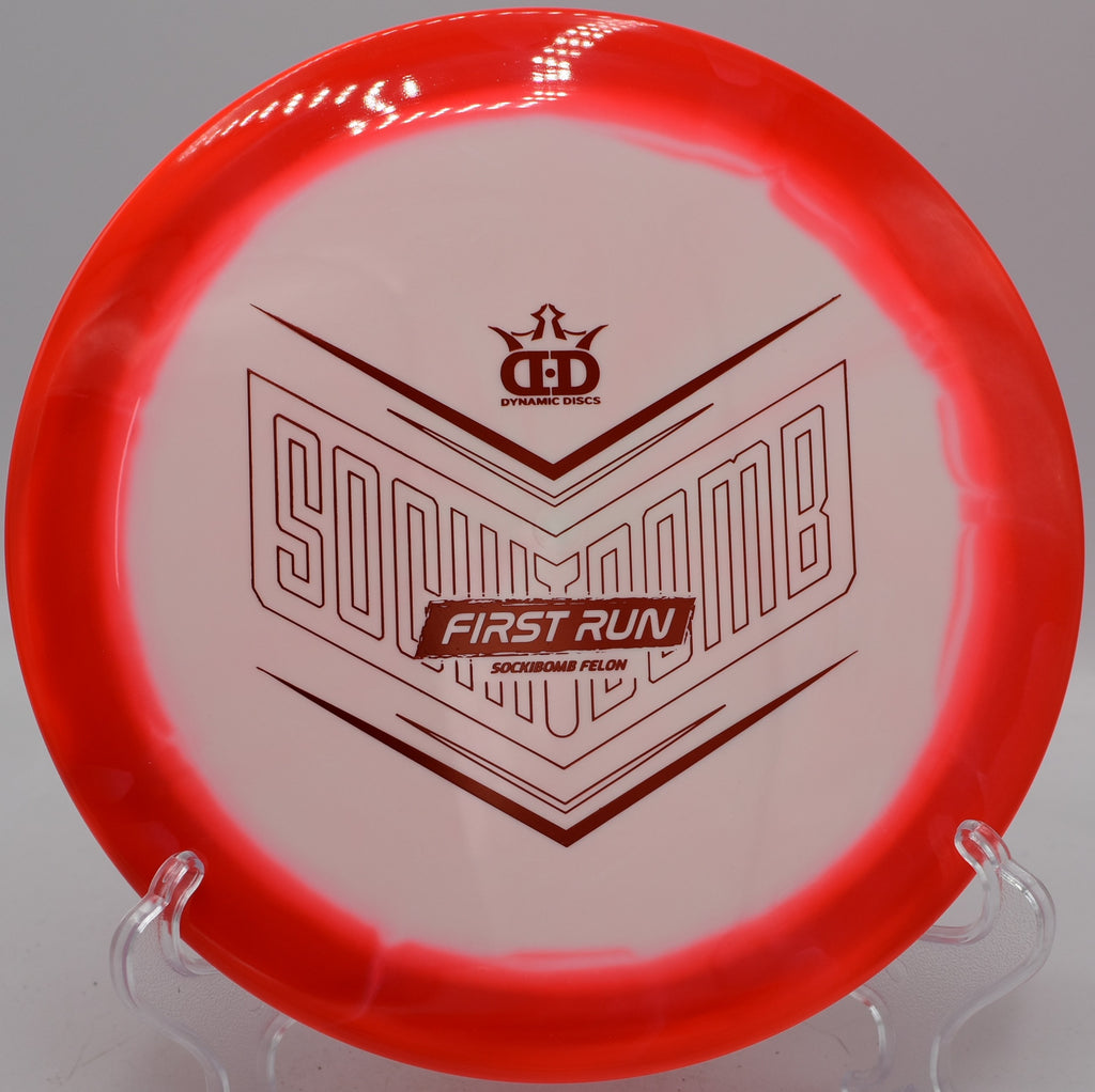 Supreme Orbit Sockibomb Felon First Run Dynamic Discs overstable driver trusted for skips at Blue Ribbon Pines Disc Golf Course in East Bethel, Minnesota.