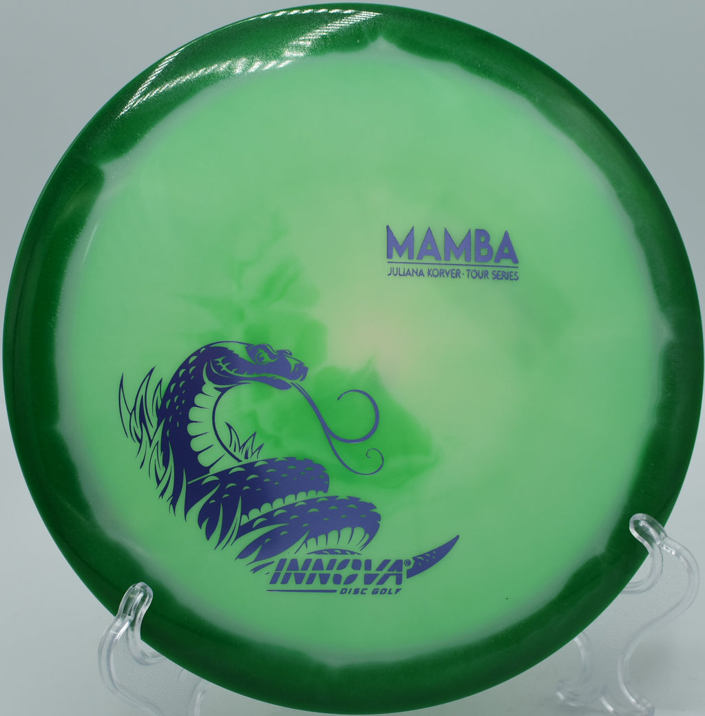 Innova Proto Glow Halo Star Mamba holding a hyzerflip on Hole 13 at Rockness Monster Disc Golf Course, Roxbury, Vermont.