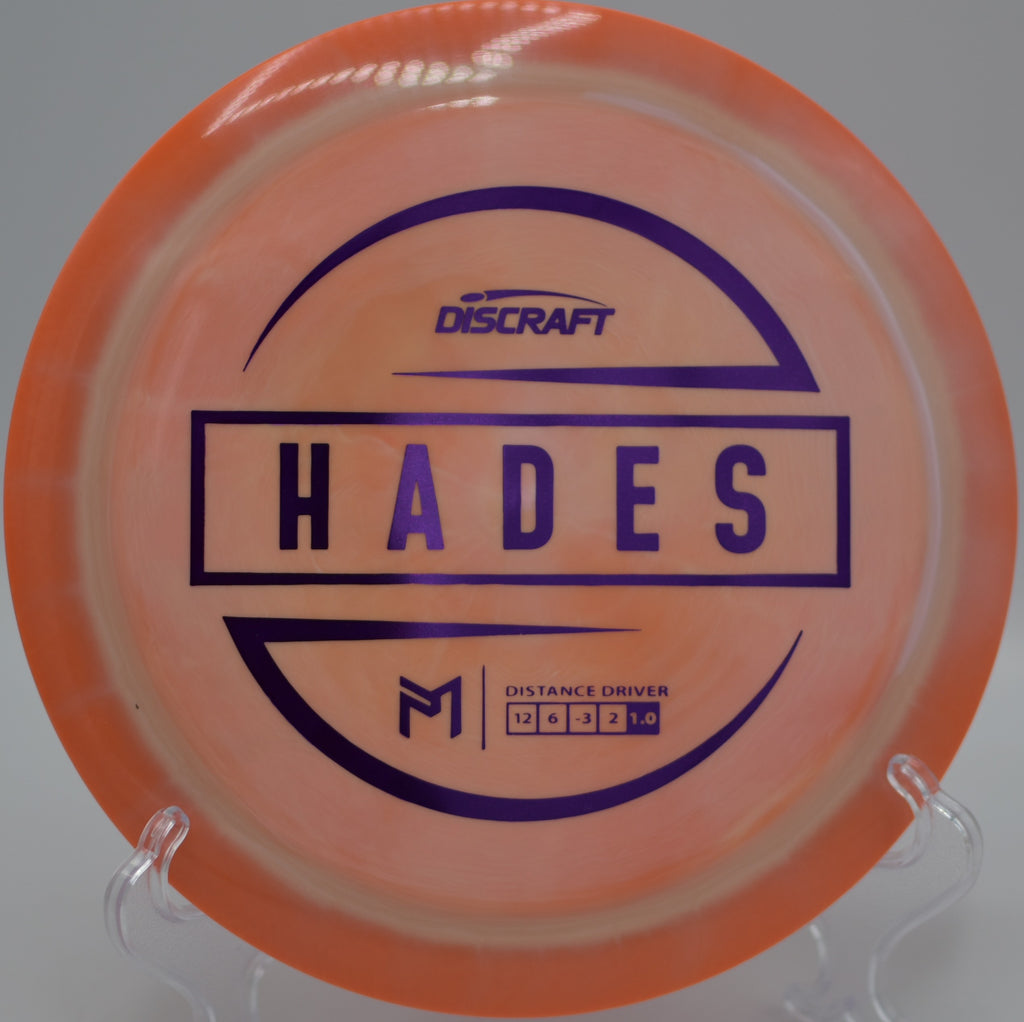 Discraft ESP Hades flying long and straight down the fairway at Mountain Crest Park Disc Golf Course in Las Vegas, Nevada.