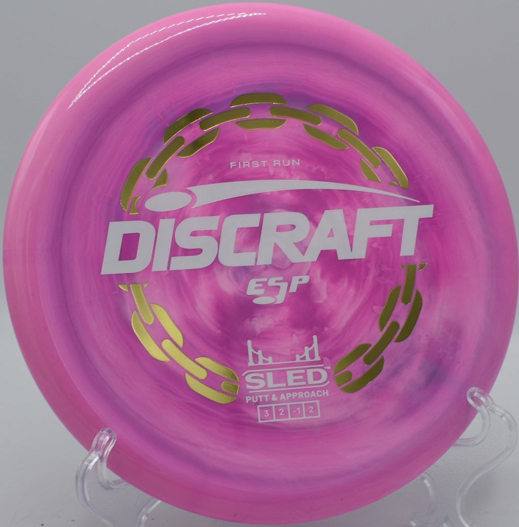 First Run ESP Sled straight putter flight through wooded fairway at Woodsboro Regional Park Disc Golf Course in Frederick, Maryland