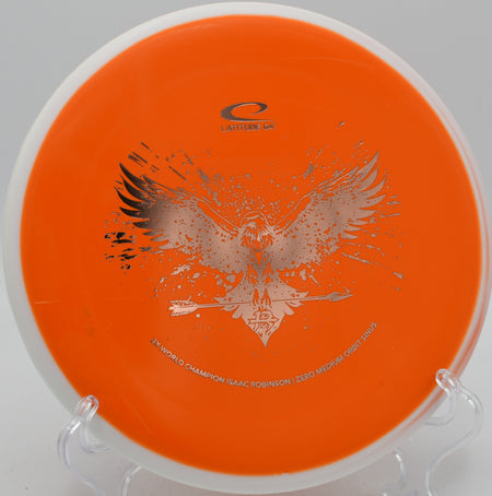 Latitude 64° Isaac Robinson signature Zero Medium Orbit Sinus Team Series 2025 putter flying straight with fade at Hornets Nest Disc Golf Course in Charlotte, North Carolina.