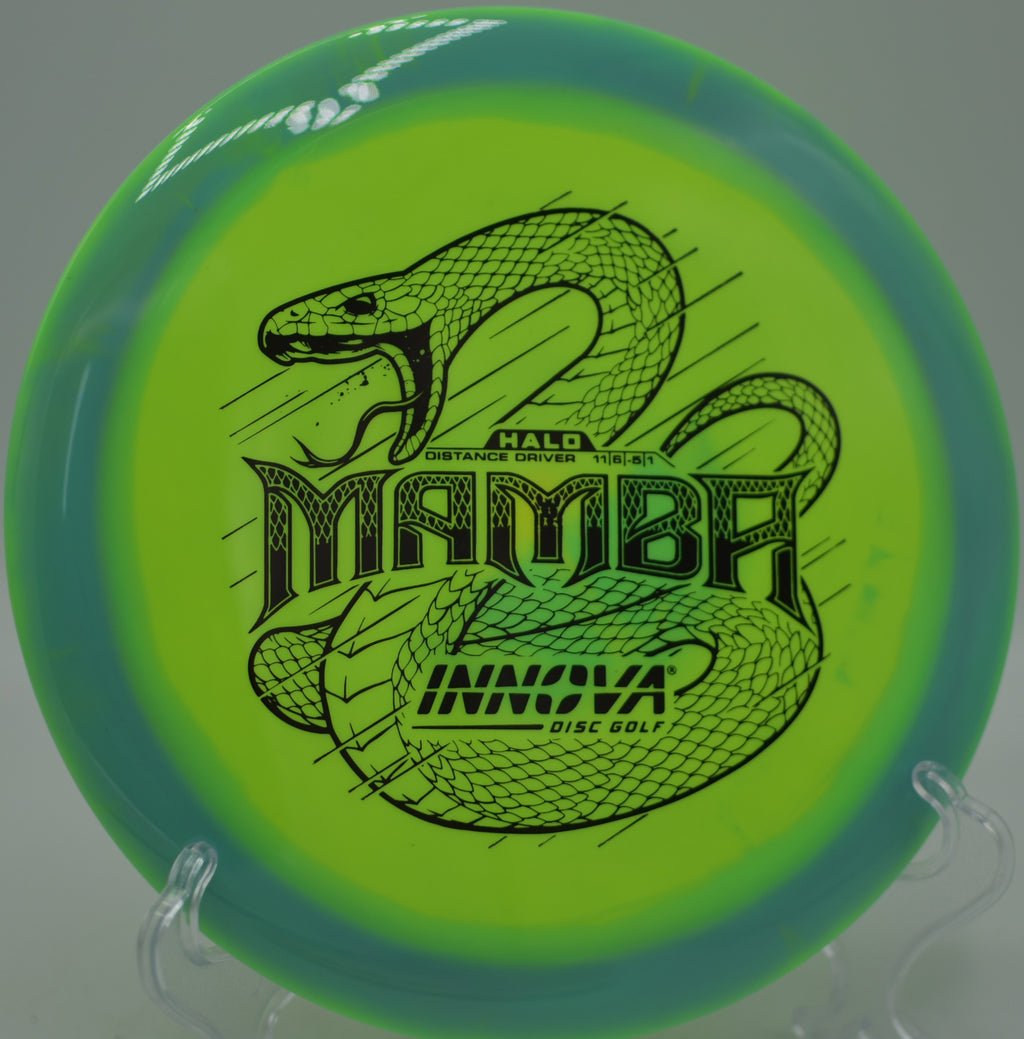 Innova Halo Star Mamba gliding downhill on a huge bomb at North Cove Disc Golf Course in Marion, North Carolina.
