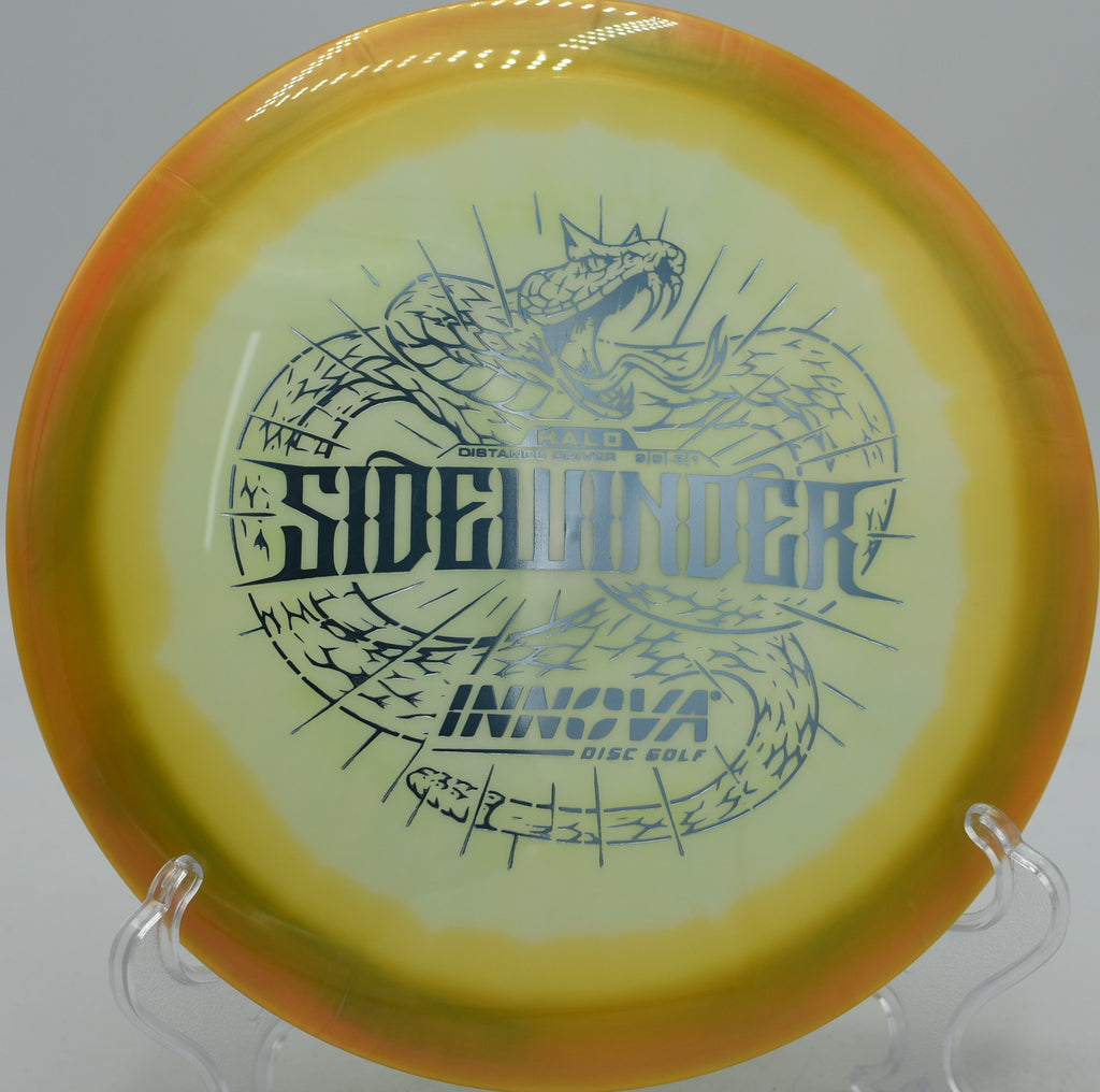 Innova Halo Sidewinder disc launched on a straight glide at Stafford Lake Disc Golf Course in Novato, California