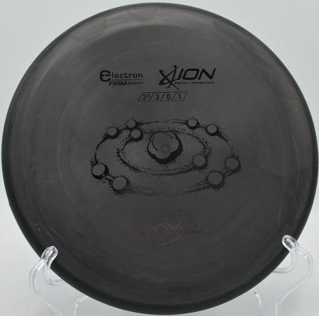 Electron Firm Ion disc golf putter resting on the putting green beside the cage at Turtle Creek Disc Golf Course in Dallas, Texas