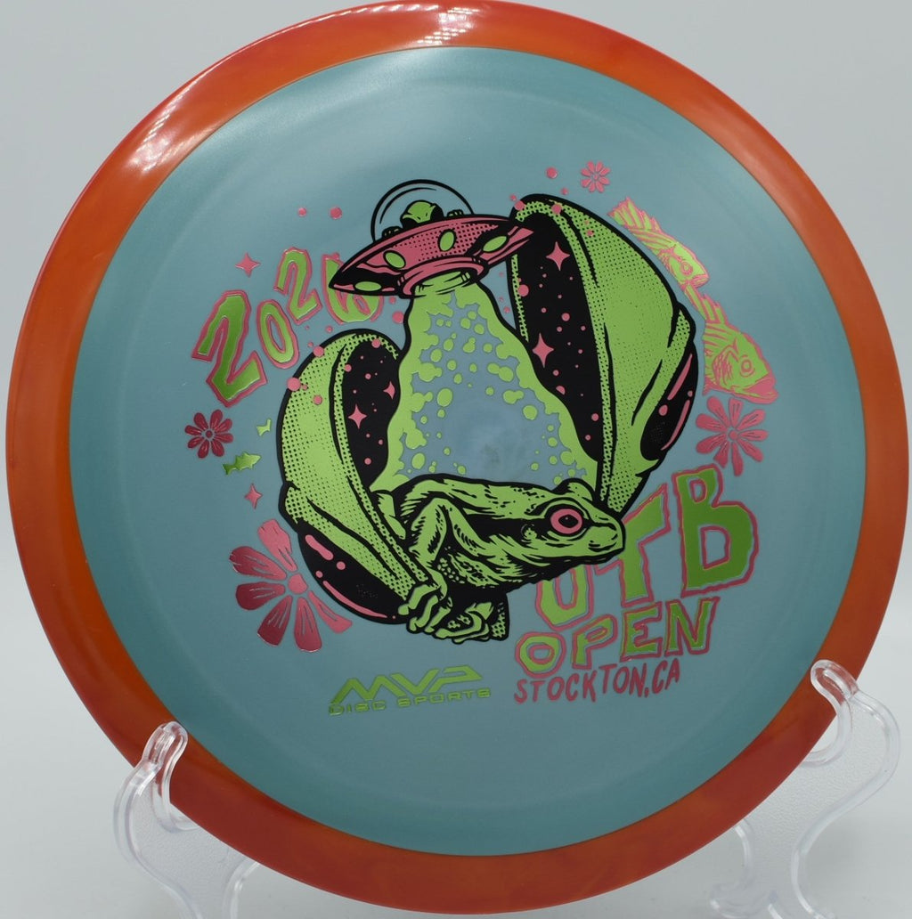 Axiom OTB Open Fission Delirium overstable driver on fairway slope at Beaver Ranch Disc Golf Course in Conifer, Colorado