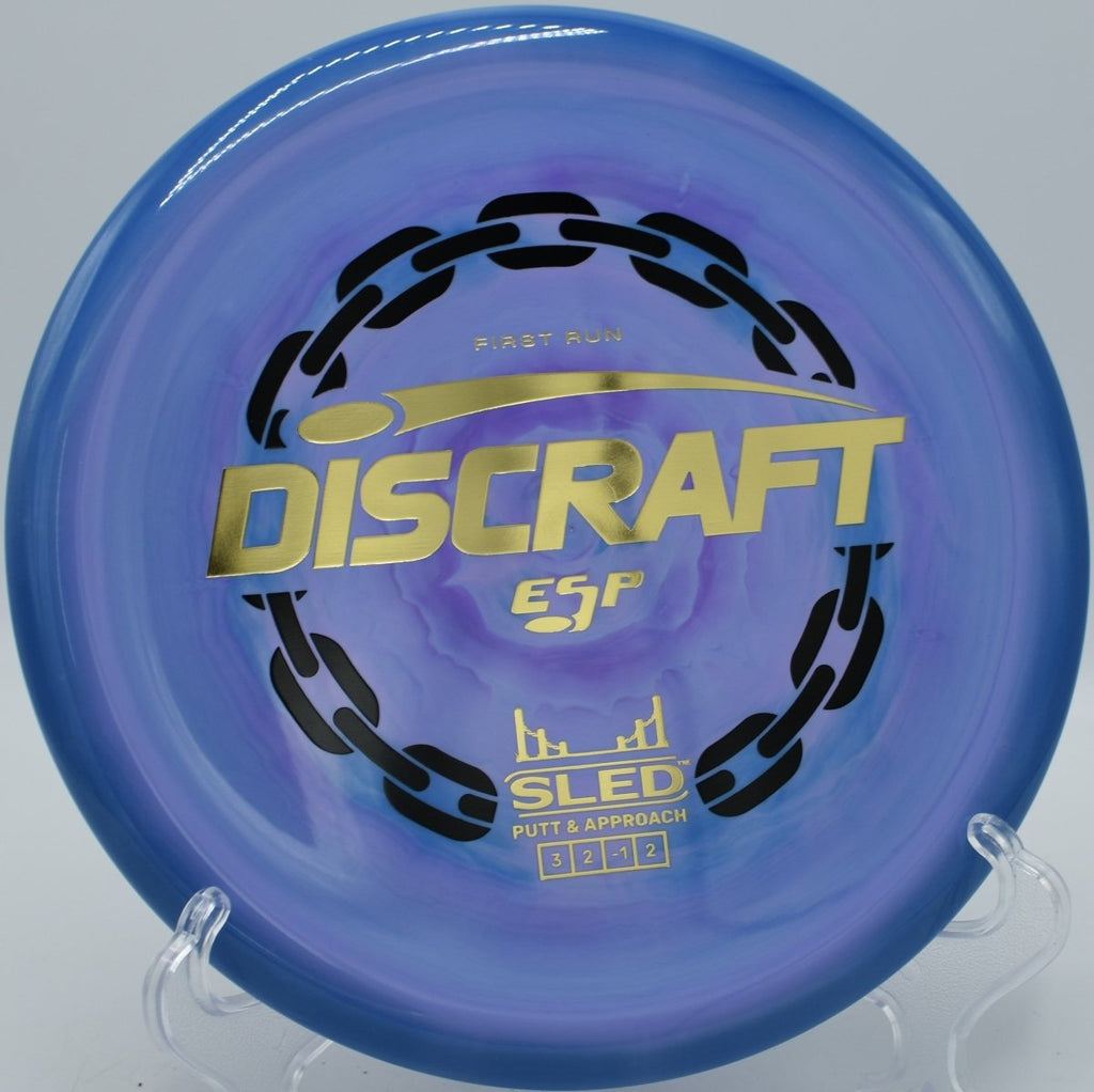 Discraft First Run ESP Sled stable putter upshot finishing near basket at Bradford Park Disc Golf Course in Huntersville, North Carolina