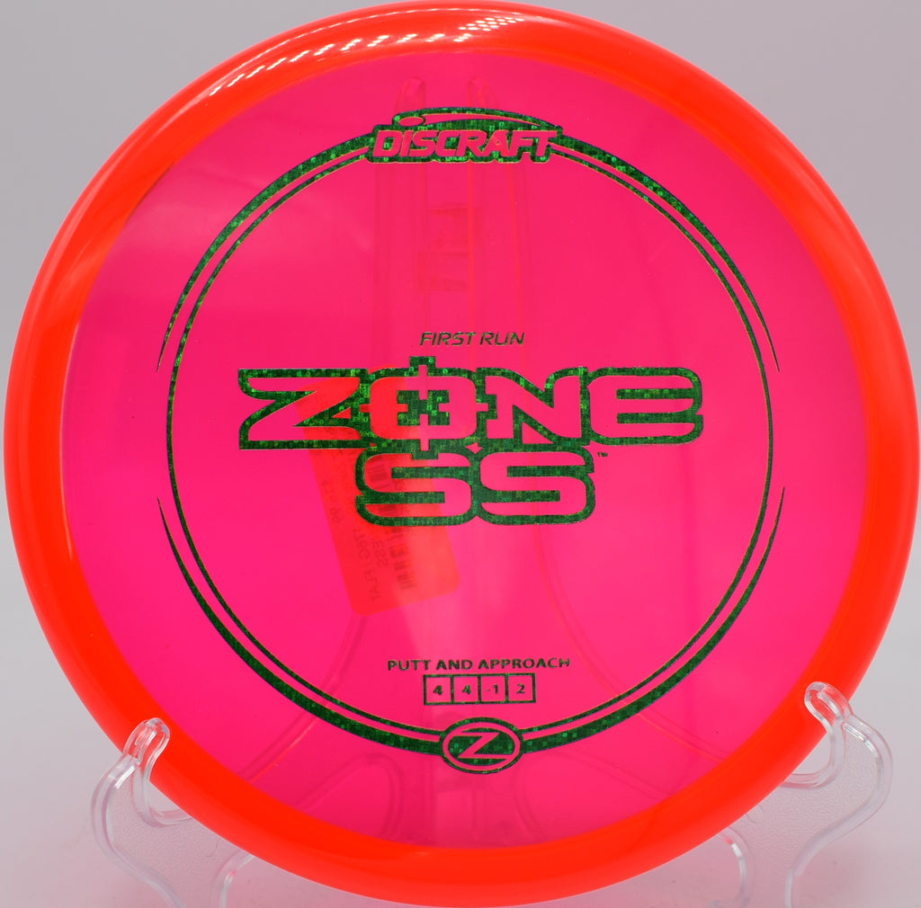 Discraft Zone SS First Run Z plastic on a clean forehand shot at Kensington Metropark in MI