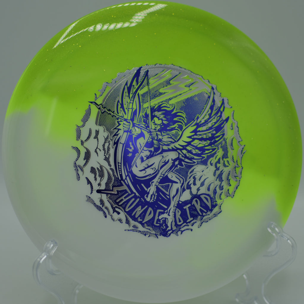 Innova Duo Thunderbird ripping a full-power backhand at Broken Strings DGC in Bellevue, NE, fighting wind with Champion-reinforced torque resistance.