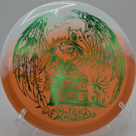 Halloween Duo Roc3 ripping a midrange placement drive at The Toboggan Disc Golf Course in Milford, Michigan.