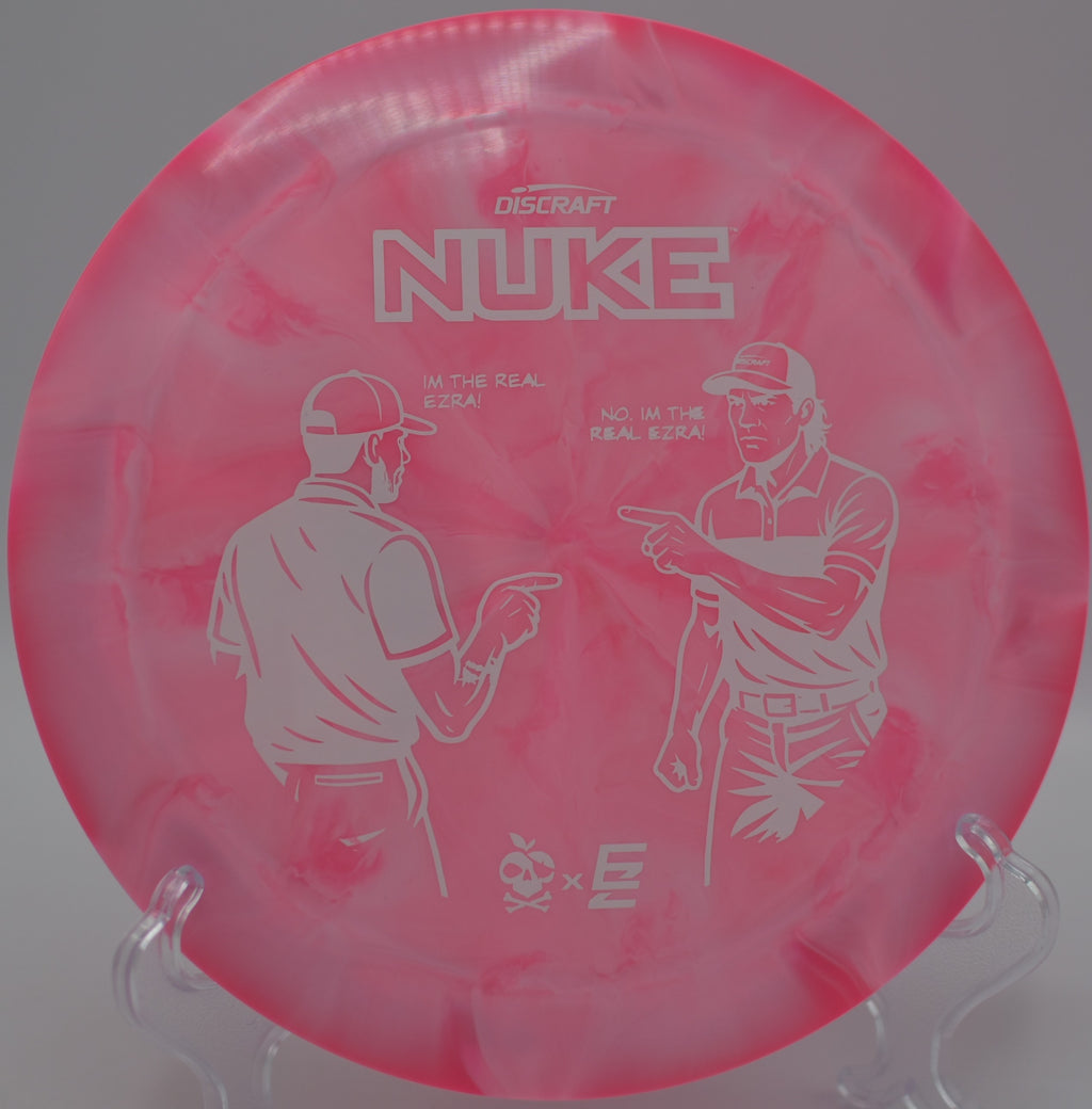 2025 ESP Nuke Collaboration exploding out of the hand on a forehand drive at Eagles Crossing Disc Golf Course in Hawk Point, Missouri.