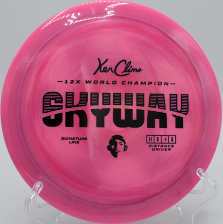 Signature Line Skyway gliding with precision off the tee at Maple Hill Disc Golf Course in Leicester, Massachusetts