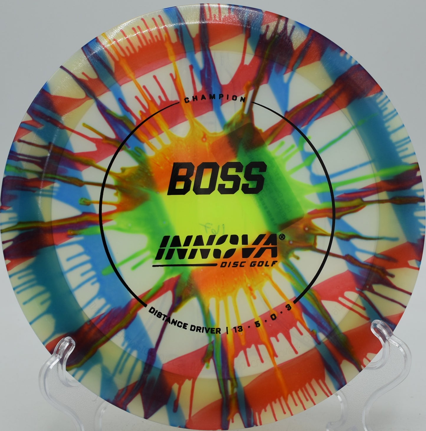 Disc golfer ripping a high-speed I-Dye Champion Boss on a max distance drive at Eagles Crossing in Hawk Point, Missouri