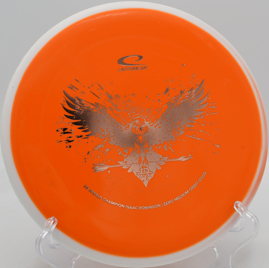 Zero Medium Orbit Sinus Latitude 64° 2025 Isaac Robinson Team Series putter settling near the basket at Moraine State Park Disc Golf Course in Portersville, Pennsylvania.