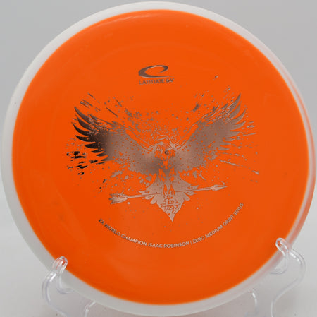 Zero Medium Orbit Sinus Latitude 64° 2025 Isaac Robinson Team Series putter settling near the basket at Moraine State Park Disc Golf Course in Portersville, Pennsylvania.