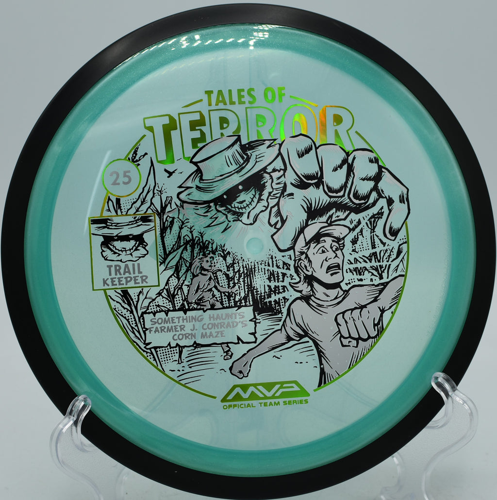 MVP Trail in Proton plastic with 2025 Halloween stamp skipping forward off the fairway at Grand Central Station in Central, South Carolina.