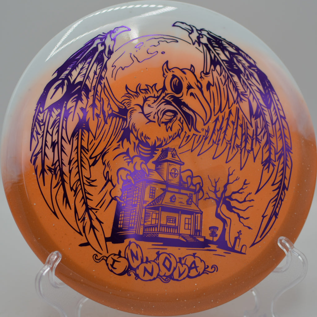 Innova Halloween Duo Roc3 ripping a forehand midrange line at Nevin Disc Golf Course in Charlotte, North Carolina.