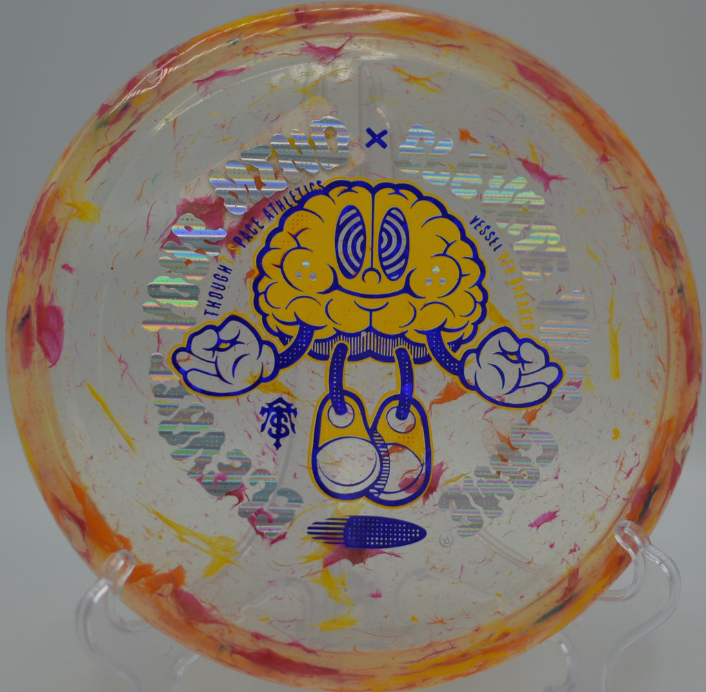 Vex Breaker Vessel landing softly near the pin after a long flex shot at Sabattus Disc Golf Complex in Sabattus, Maine.