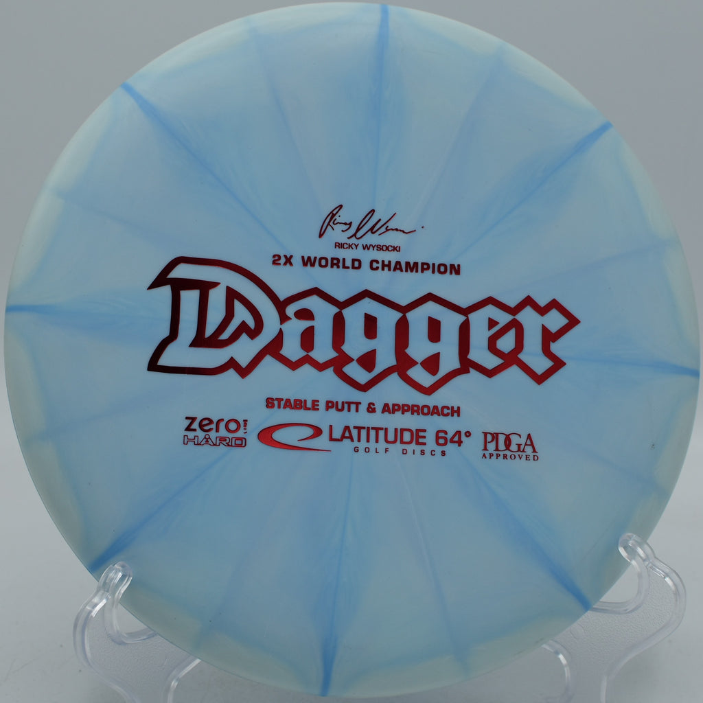 Latitude 64° Ricky Wysocki 2x Zero Hard Burst Dagger deep-dish beaded putter sinking a long putt at Idlewild Disc Golf Course in Burlington, Kentucky.