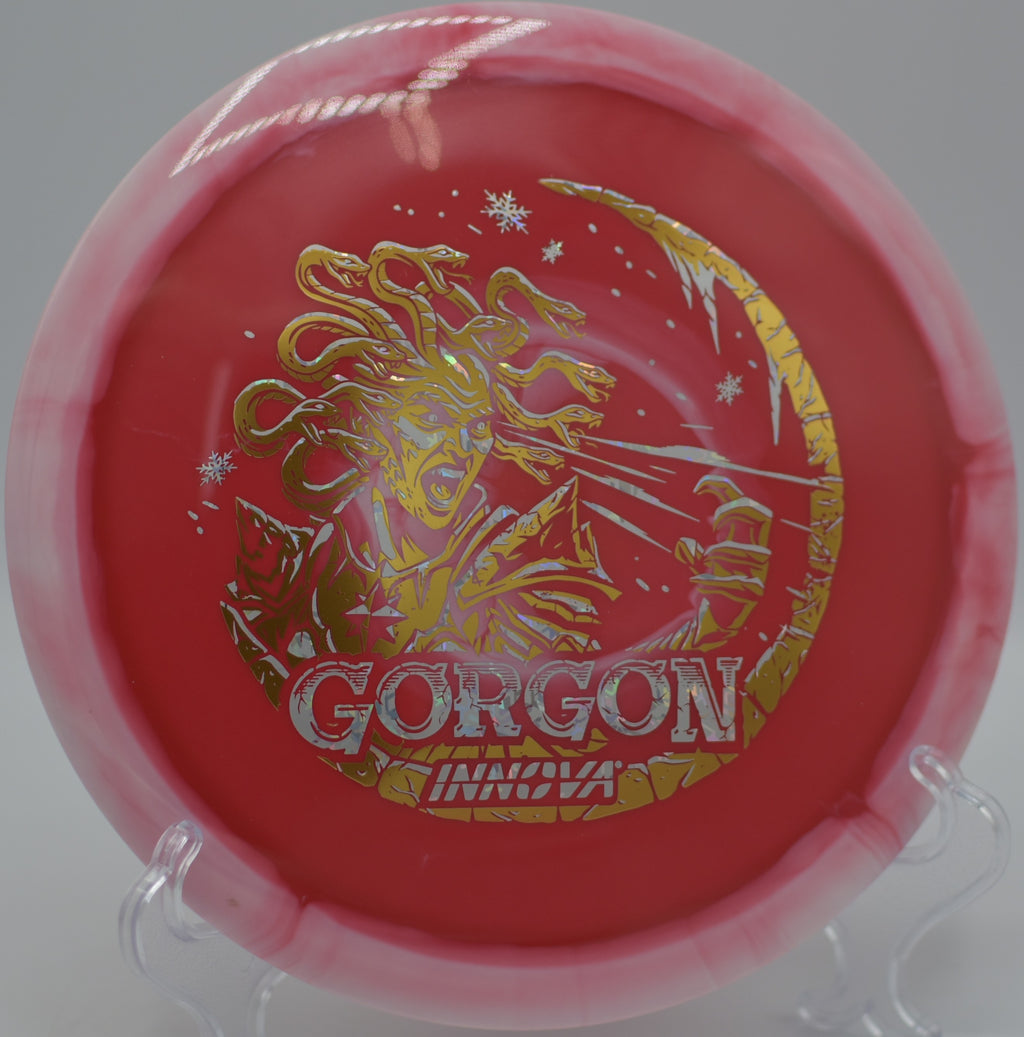 Halo Star Gorgon Holiday Edition launching a long turnover at Loriella Park DGC in Fredericksburg, VA, drifting gracefully before a light fade.